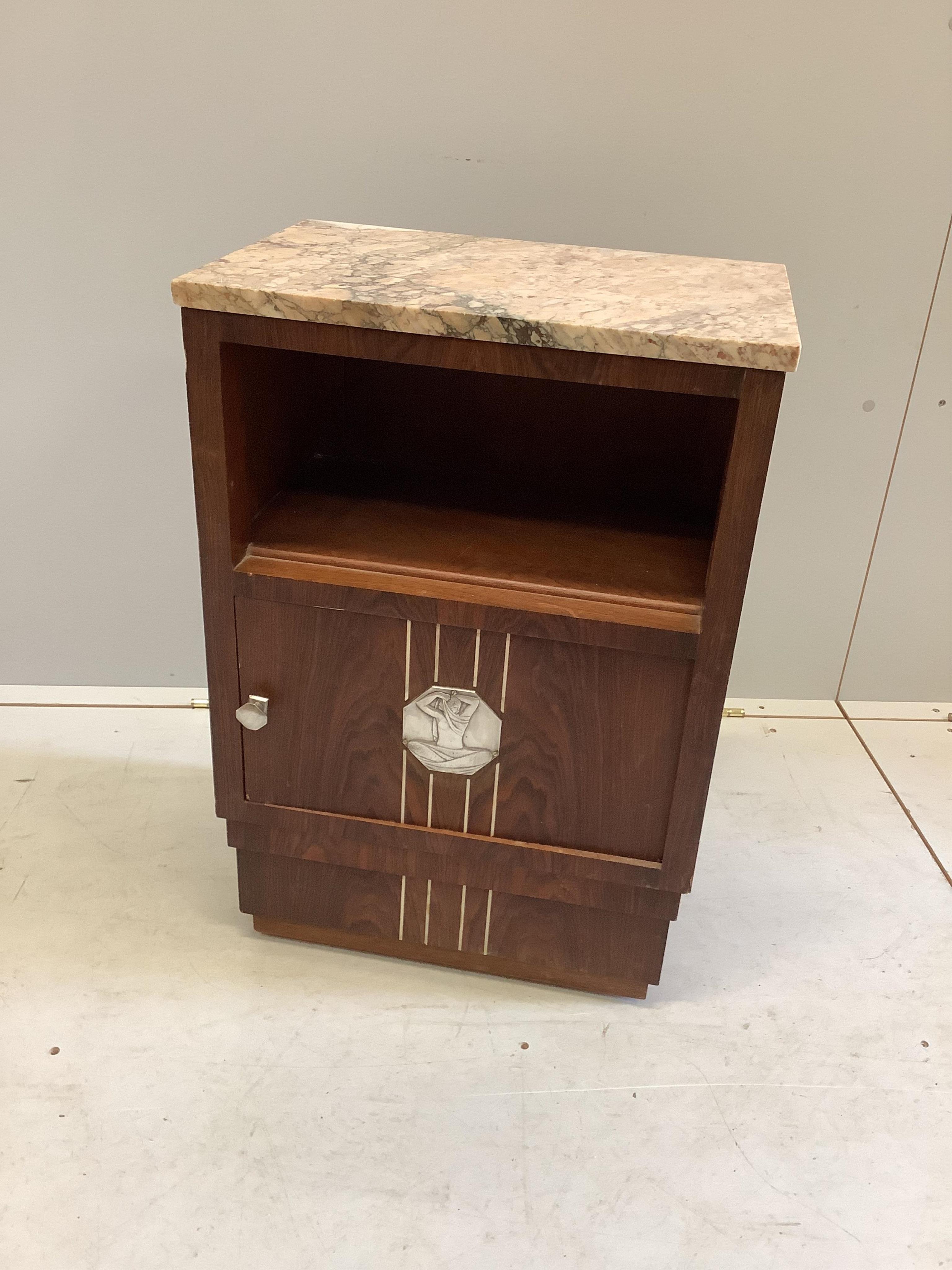 A French Art Deco inlaid rosewood marble top bedside cabinet, width 47cm, height 68cm. Condition - fair, but some light scuffing